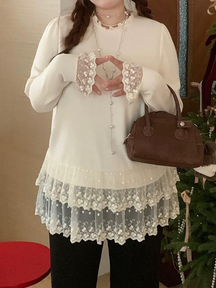 トレンドなシャレ見えデザインでカバー! 裾レースミディ丈トップス 大人可愛い レース フリル お洒落 トレンド カジュアル きれいめ レイヤード 体型カバー 大きいサイズ 韓国 CH11536