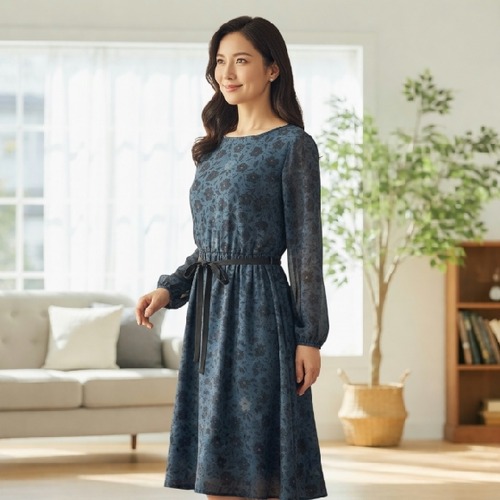 エクラタン ワンピース ストレッチ 花柄プリント リボンベルト  ネイビー M L 30代 40代 50代 EC223033 大人可愛いコーディネート