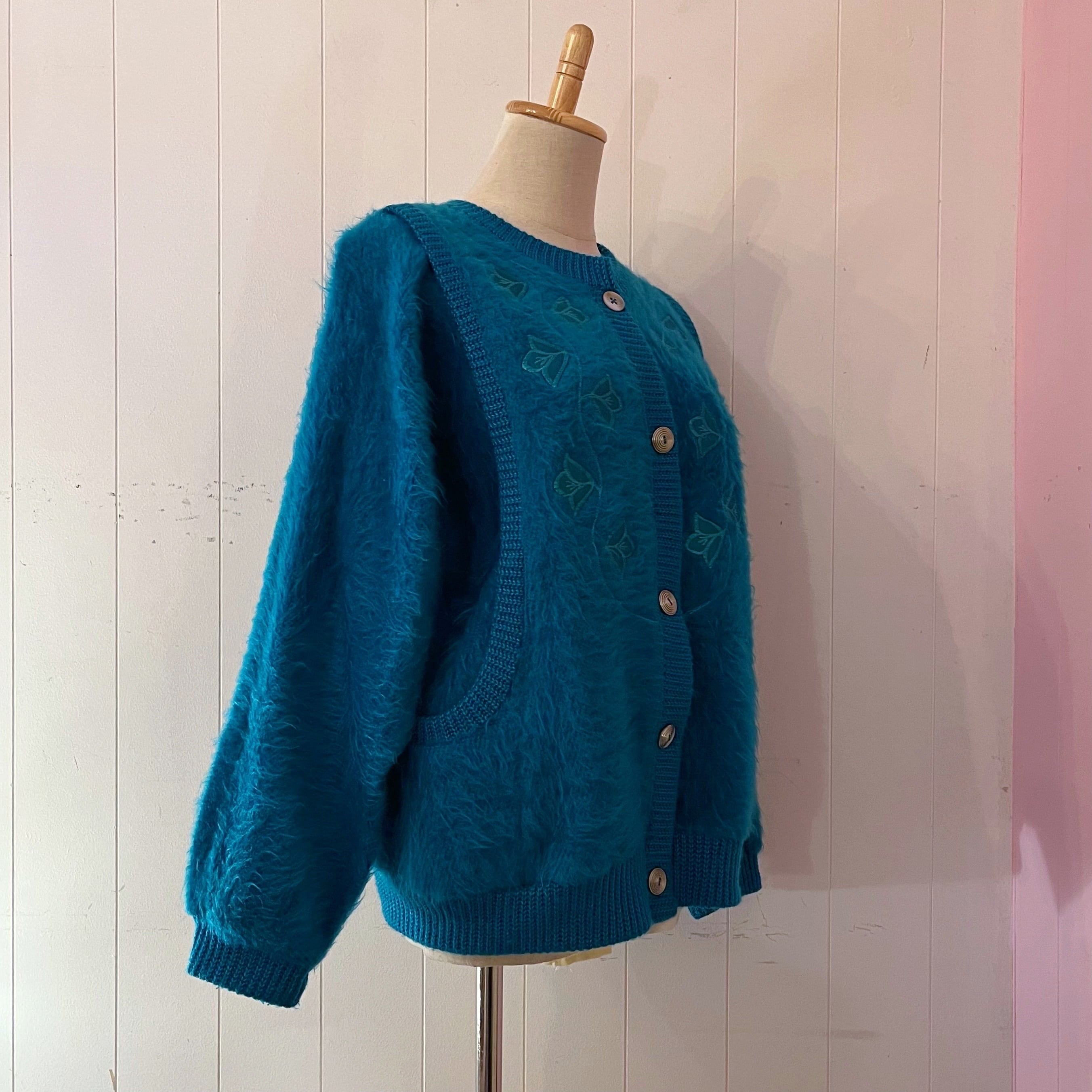 peacock green shaggy knit cardigan