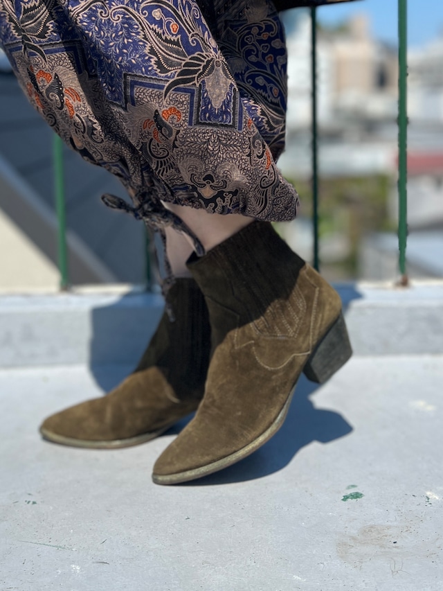 【23.5cm】Vintage ITALY Suede Western Short Boots / Olive Green