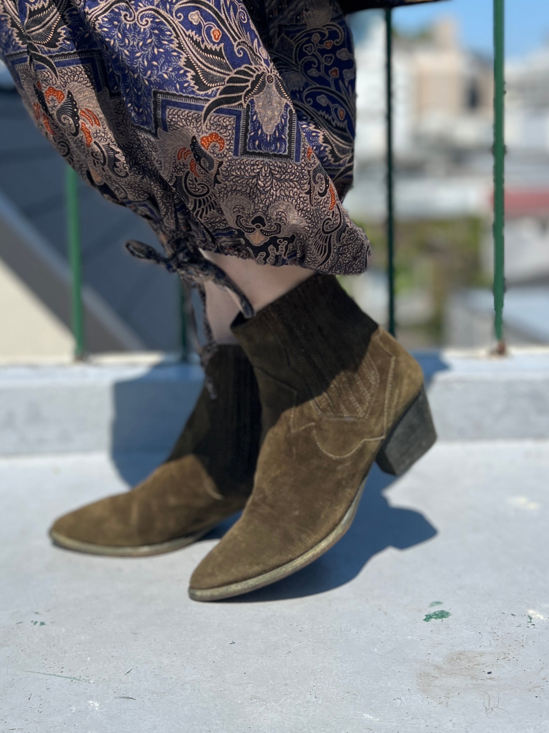 【23.5cm】Vintage ITALY Suede Western Short Boots / Olive Green