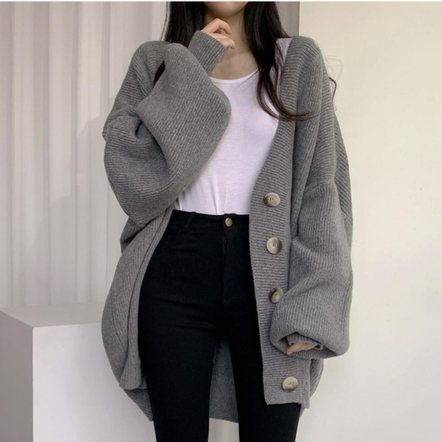 V-neck elegant lantern sleeve loose cardigan (3color)