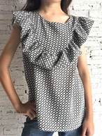 【即納】モノトーン柄 シフォンフリル ノースリーブトップス