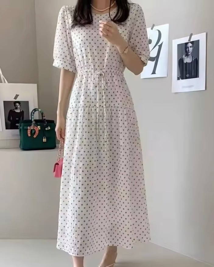 NEW 人気 売れ筋 ワンピース ロング丈 フレア 半袖 ドット柄 水玉