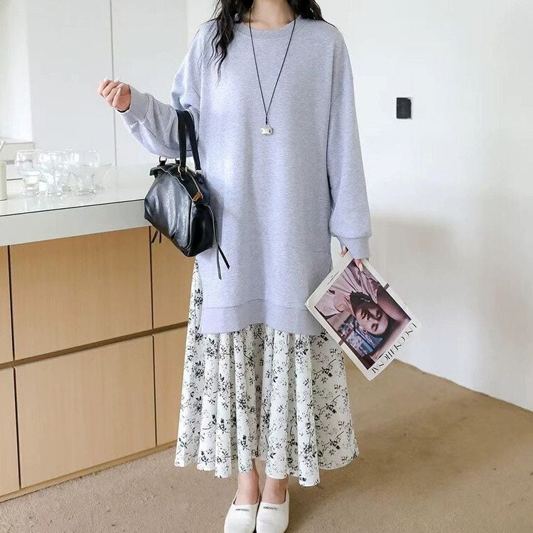 FAKE-2-PIECE ROUND NECK FLOWER PRINT SKIRT LONG PULLOVER DRESS 2colors M-14790
