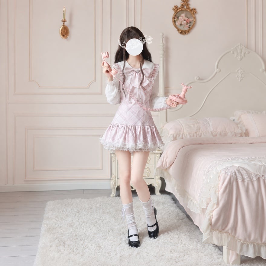 夢見る午後のリボン ピンクチェックの甘ロリワンピース | ロリータ