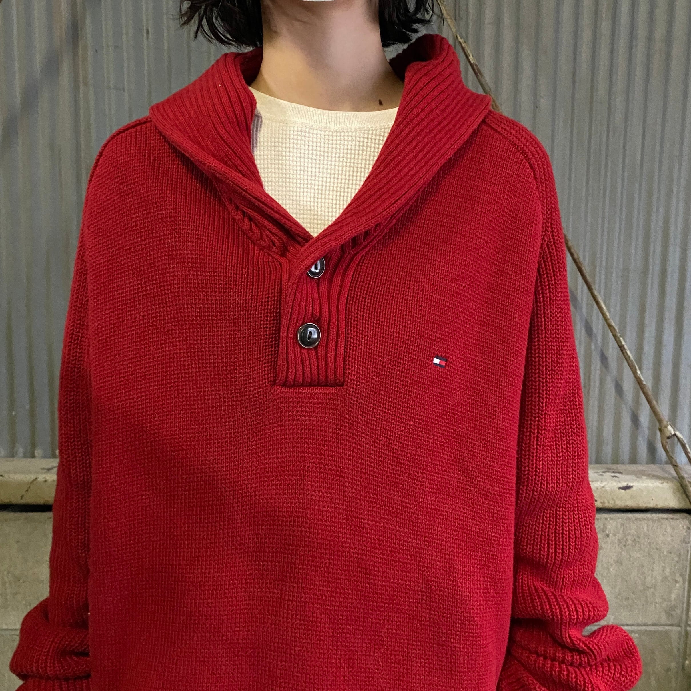 Tommy Hilfiger トミーヒルフィガー ショールカラー コットンニットセーター メンズl 古着 赤 ニットセーター Cave 古着屋 公式 古着通販サイト