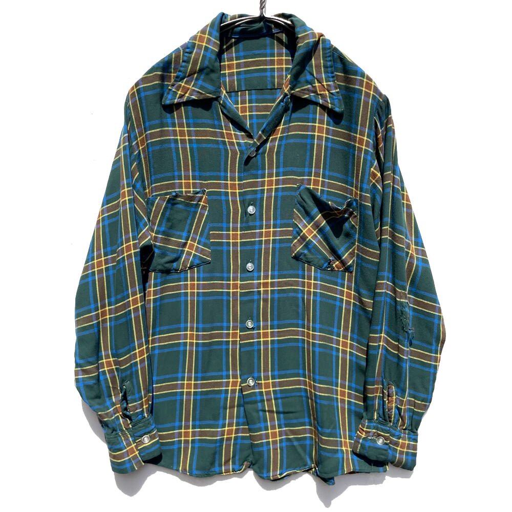 トップス 70s- onbre check rayon open collar shirt Vintage check pattern open collar rayon shirt [1970s
