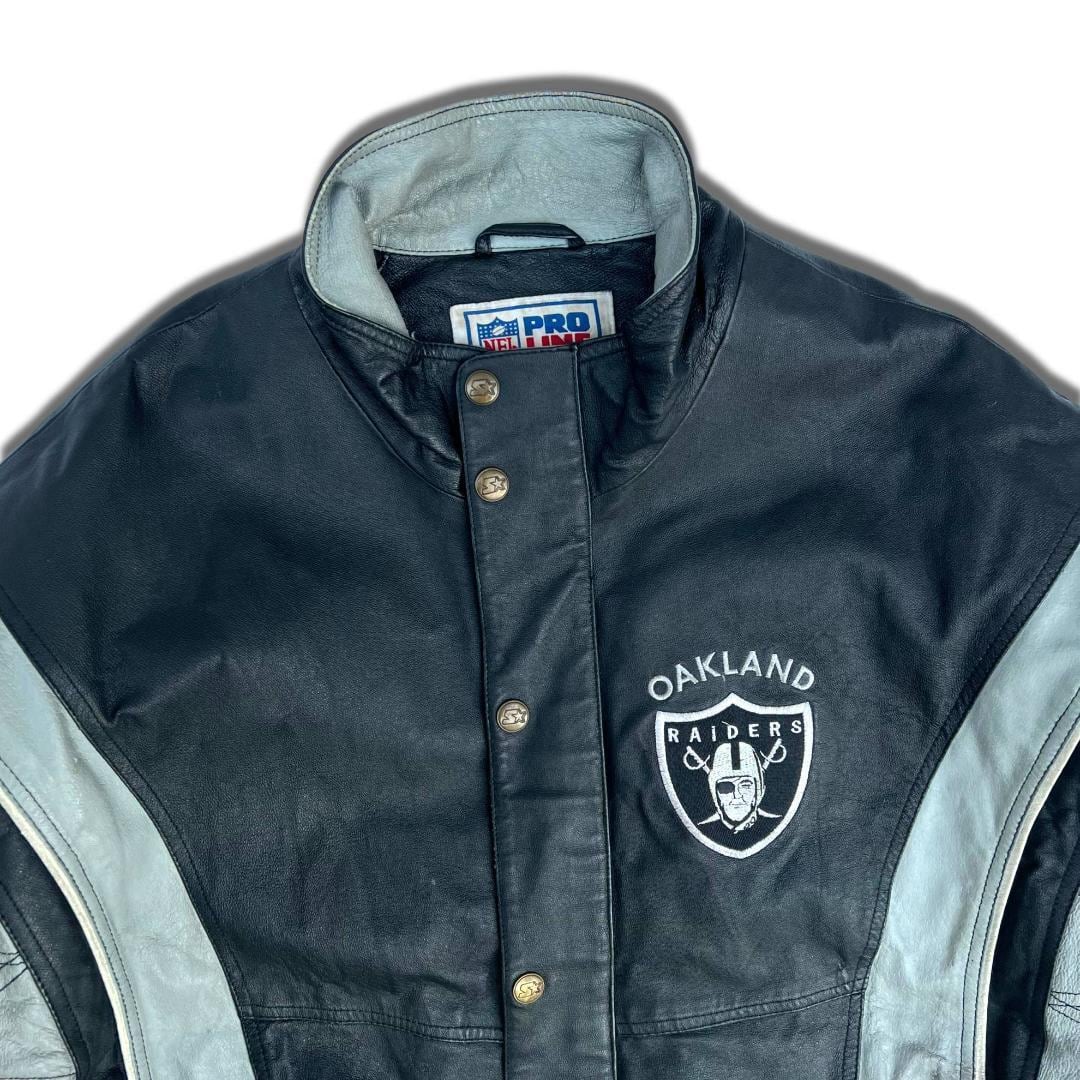 90s スターター NFL レザージャケット L ブラック オークランド・レイダーズ Oakland Raiders オールレザースタジャン  バック刺繍 ストリート系 HIPHOP STARTER