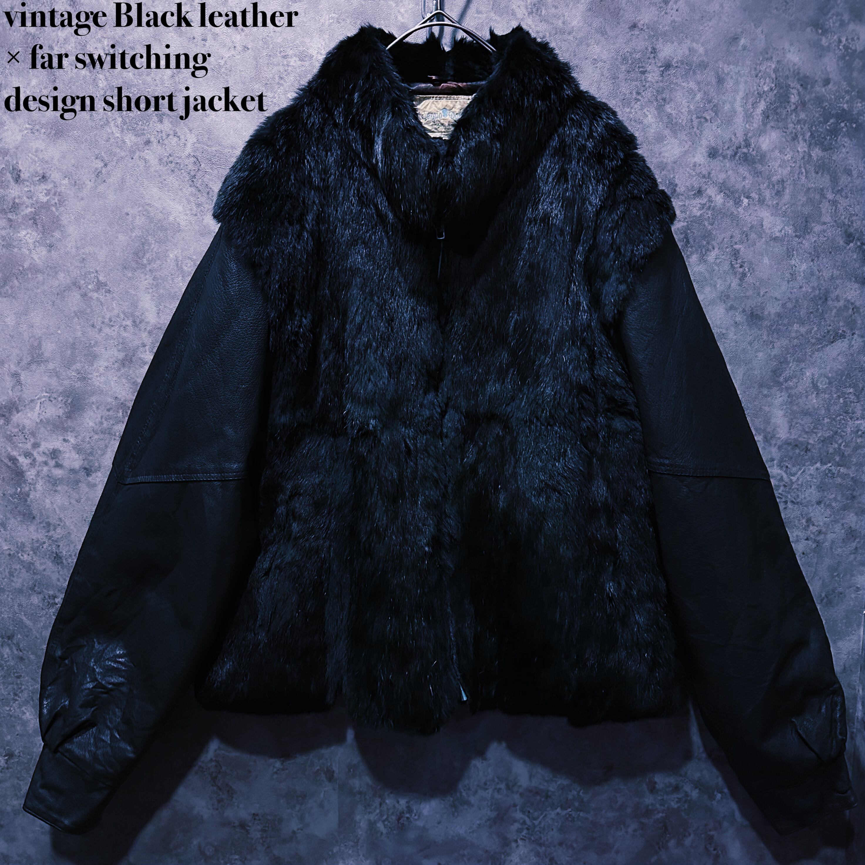 【 doppio】vintage Black leather × far switching design short jacket