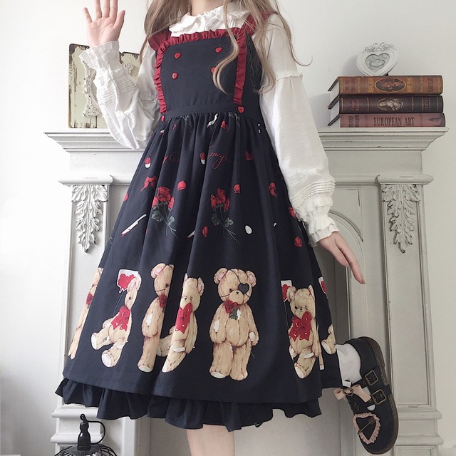Crazygirlシリーズ ゴスロリ系 甘ロリ ワンピ 病み可愛い くまちゃん プリント柄 Aラインガーリー 甘め 病み可愛い オルチャン 原宿系 Jk風 10代 代 天使と悪魔 サブカル系ファッション Seasonz