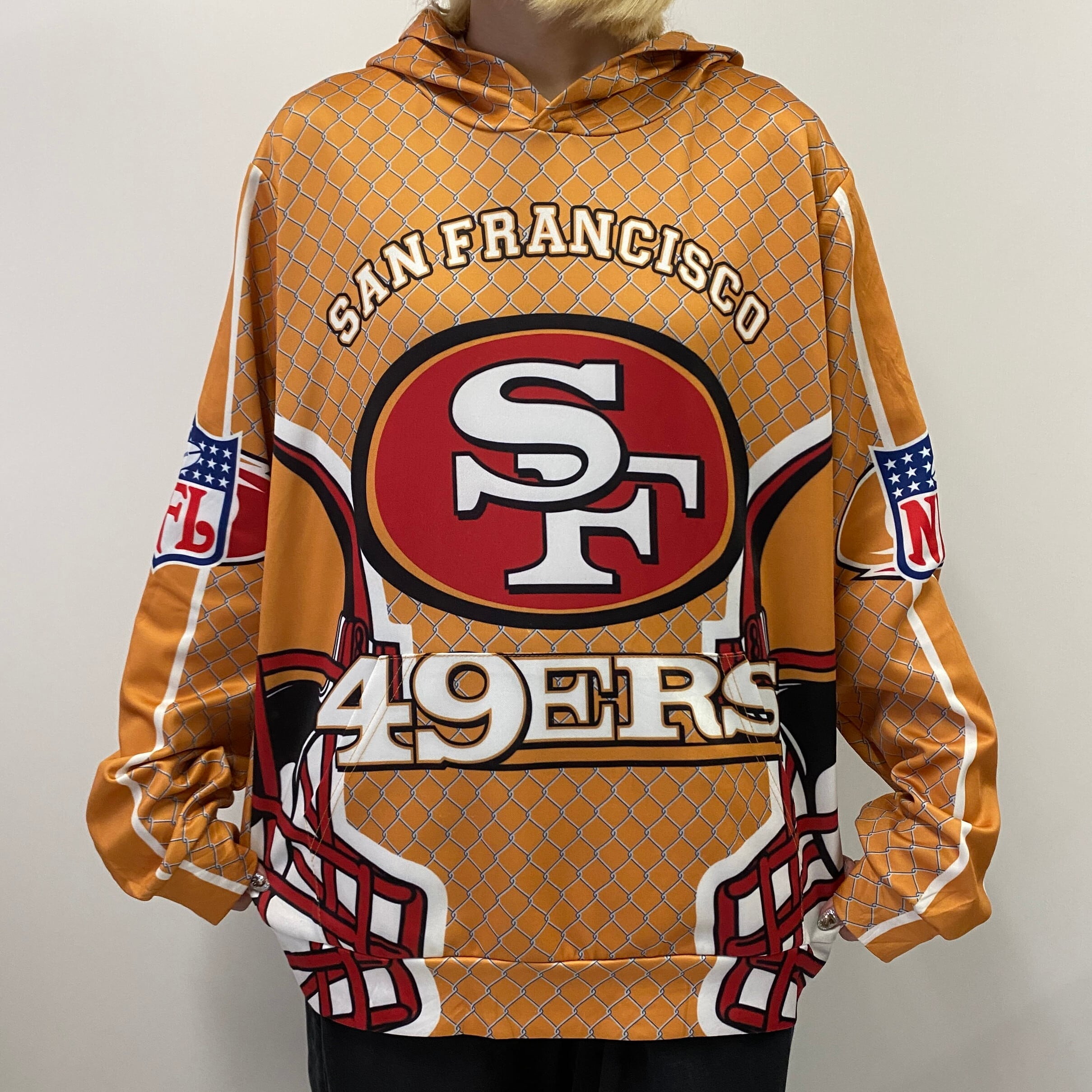 NFLサンフランシスコ49ERS チームロゴ 総柄 プリント ジャージーパーカー メンズM