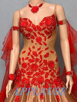 【新着】社交ダンス ドレス　スタンダード　モダンドレス　シャイニーブラウン＆レッド　M　ST-22-42　デモ・競技用ドレス　発表会衣装　パーティドレス　ワンピース　舞台衣装