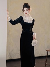 【0266】Velvet Retro Straight Long Sleeve Dress