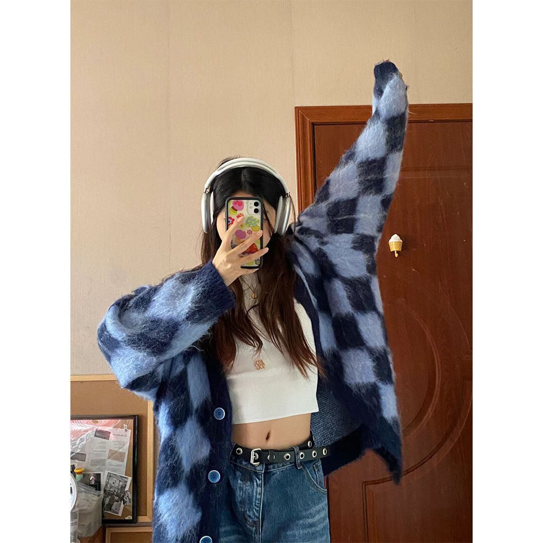 ブルーダイヤモンドチェックニットカーディガン FN522 | FFF CLUB