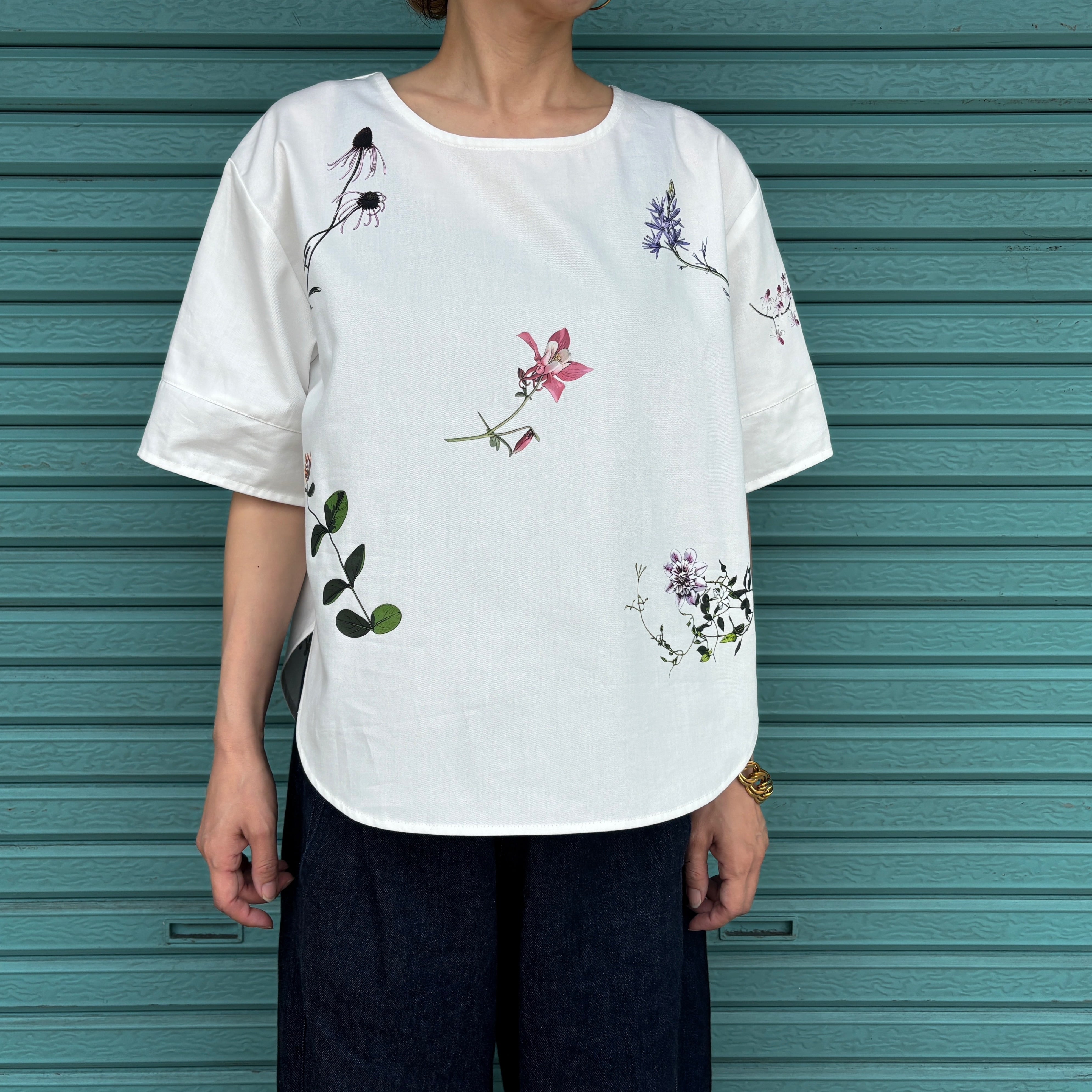 【Botanical Garden Denim / T-Blouse】 White / Indigo