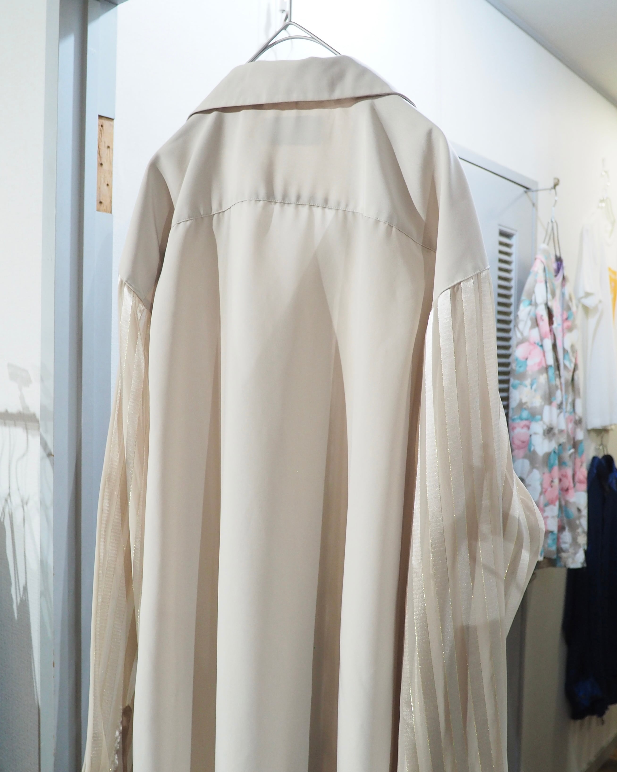 1990s " PRONTI " Sheer stripe Design vintage Drape loose Open collar Shirt