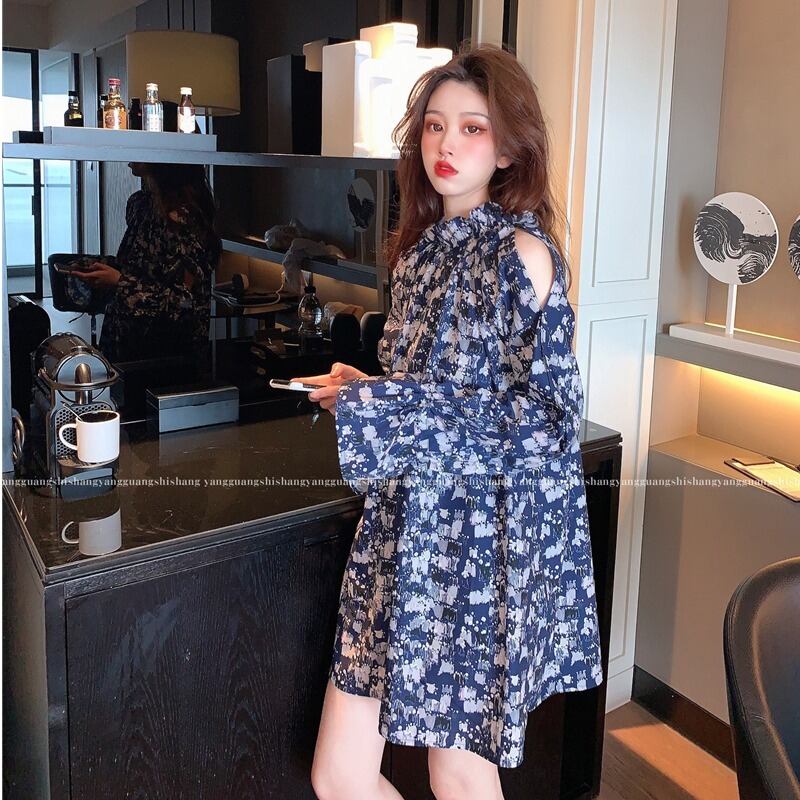 オフショルダーフローラル長袖ドレスデザインセンスニッチレトロスカート女性2020年秋新しい小さなショートスカート ブラックストロベリース25947119862