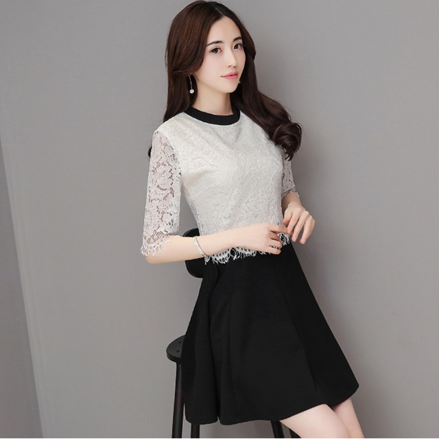 クルーネック　レース　バイカラー　ミニワンピース