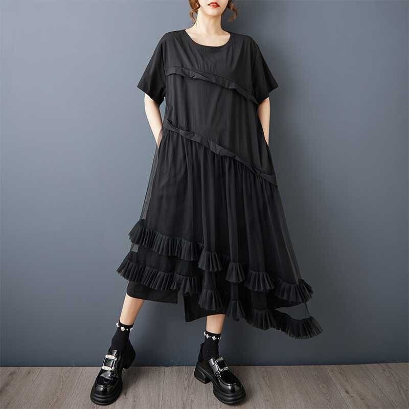 ASYMMETRIC MESH RUFFLED LOOSE MIDI DRESS M-17228