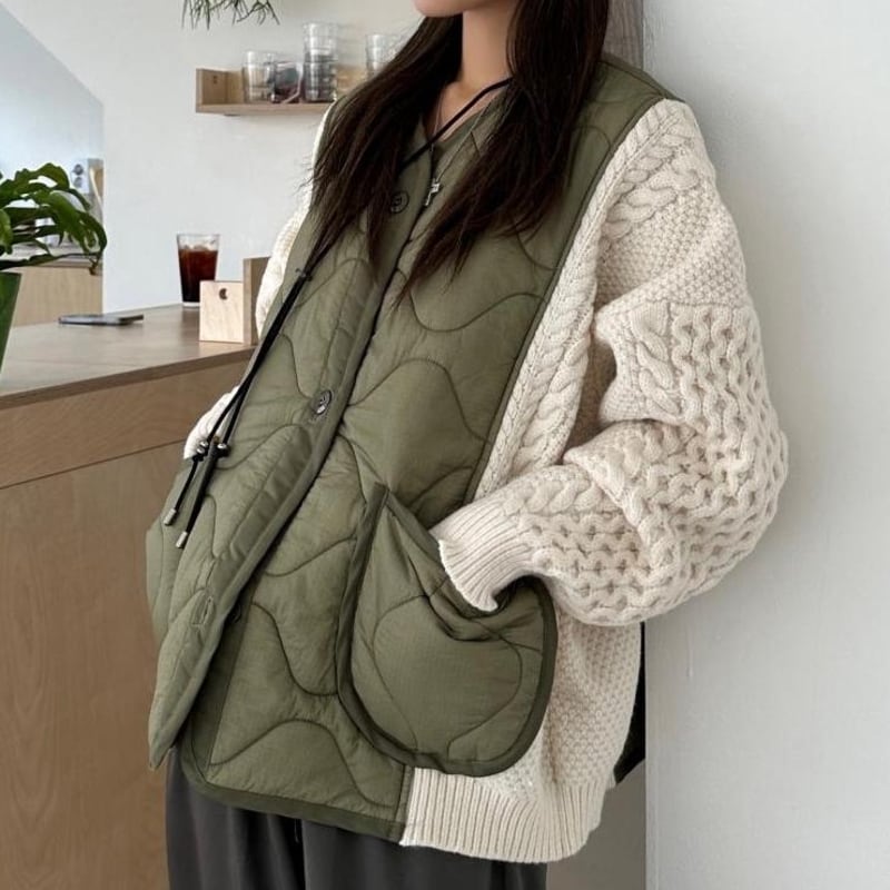 Quilted knit mix jacket 3 colors V2671