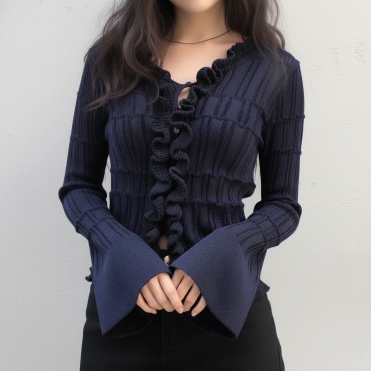 Ruffle Trim Rib-Knit Cardigan ch0075