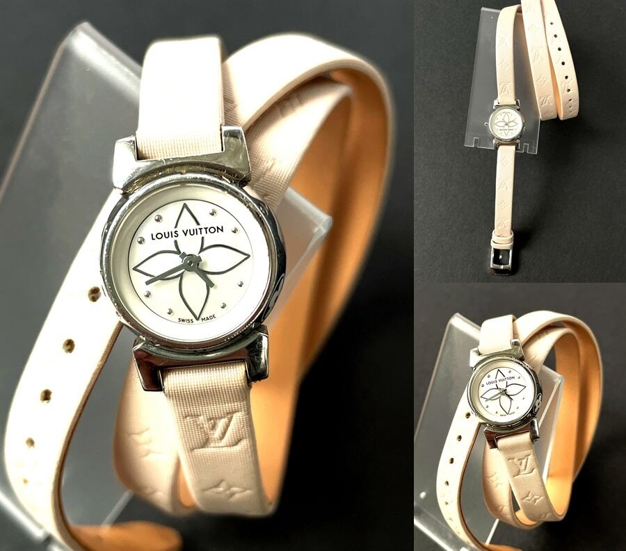 LOUIS VUITTON ルイヴィトン タンブール ビジュ ホワイトシェル モノグラムストラップ ロングストラップ デイト クオーツ Q151C レディース