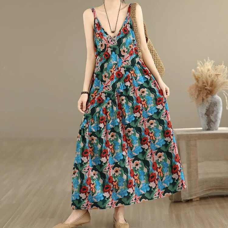 PRINT V-NECK A-LINE LONG STRAP DRESS 5colors M-16744