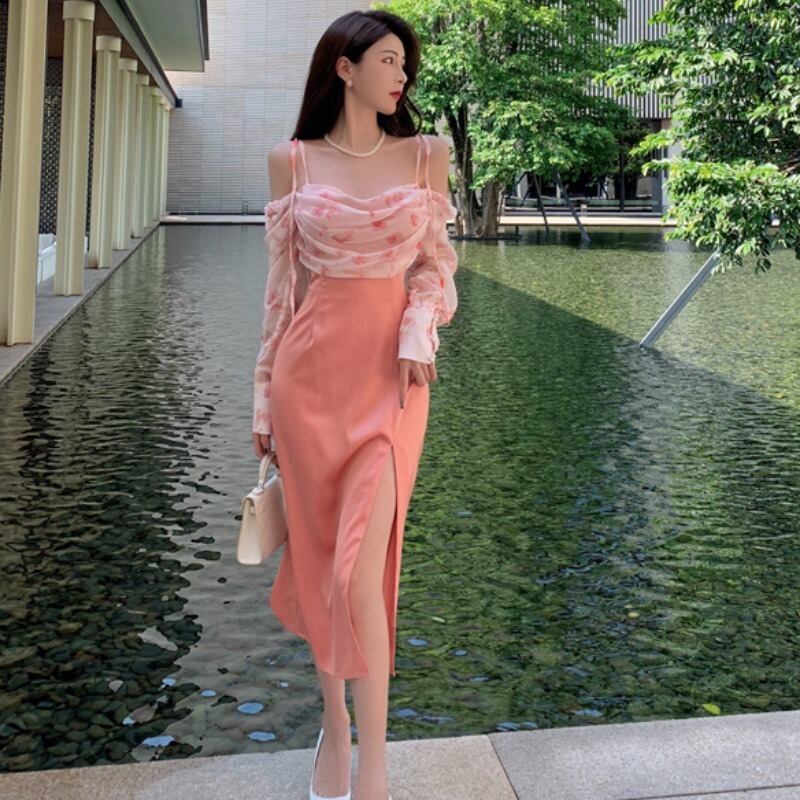 オータムシフォンシャツ ハイウェストウェストスカート ロング 秋物 ハンチェンe85552235632