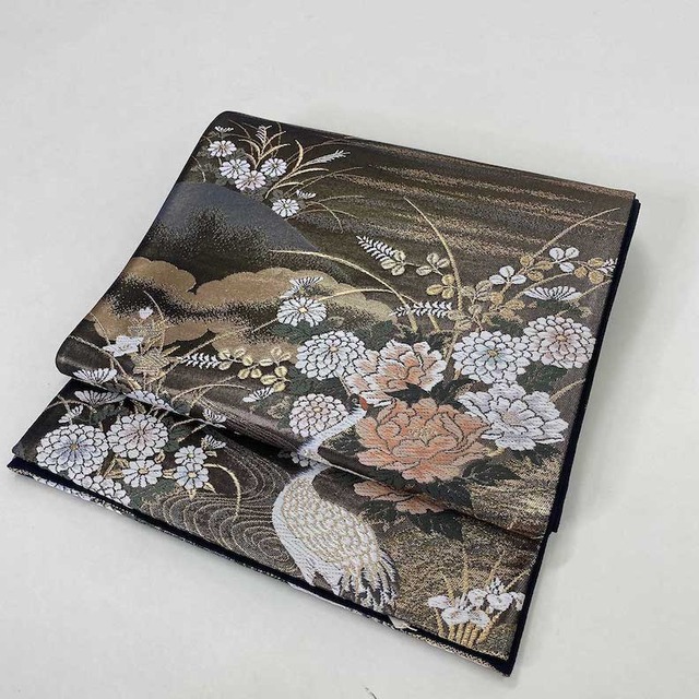 【袋帯】中古 帯 礼装 正絹 結婚式 入学式 卒業式 リサイクル ブラウン 銅 茶色 鶴 花柄  424cm   G523