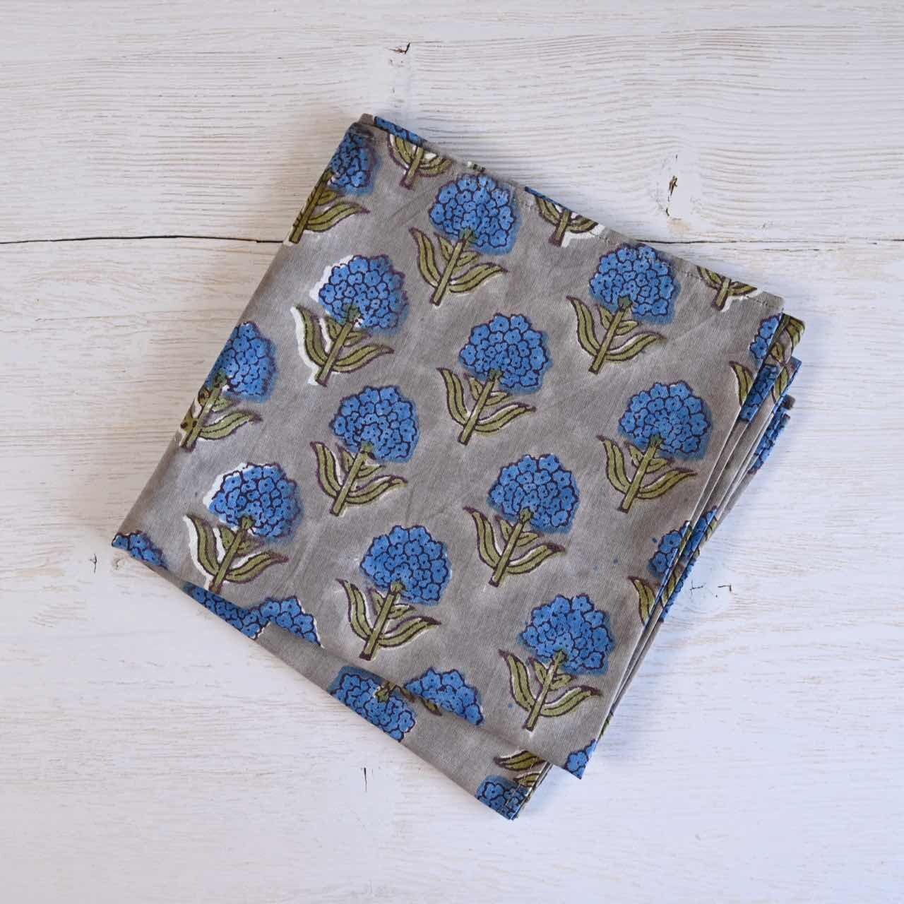 【 残り1点 】ブロックプリントのハンカチ あじさい ブルー×グレー|Horn Please Style 花柄 インド