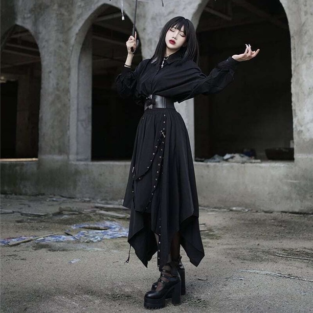 国内発送Ｌ｜黒夜の余韻 アシンメトリーロングスカートとベルト付きシャツセット
