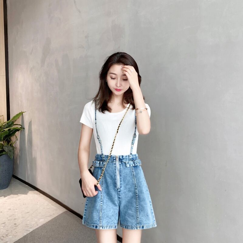 【新作】【送料無料】 デニムビブショーツ女性夏 2021 ファッショナブルなルーズ薄いハイウエスト痩身ワイドレッグホットパンツ小柄な人向け 0310297083538
