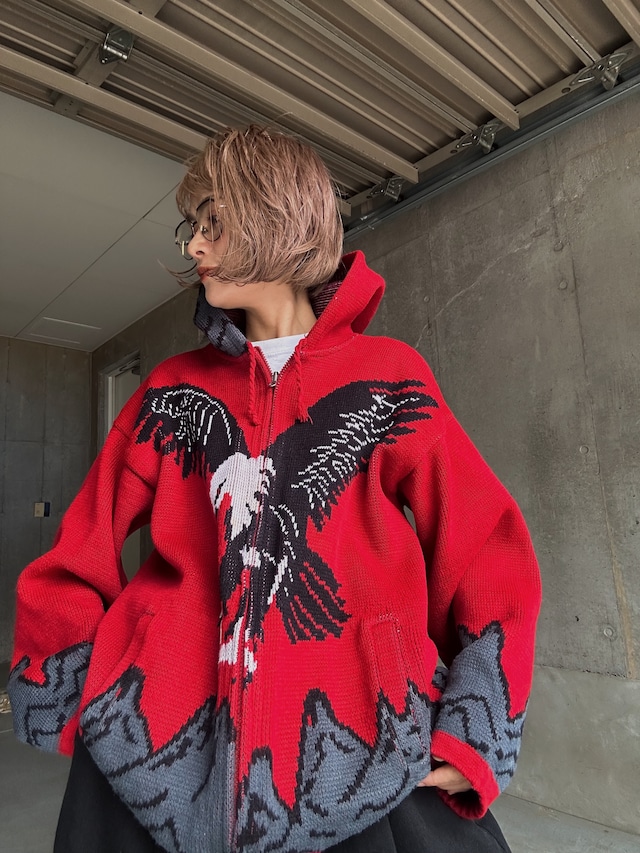 （KN541）Front back eagle design zip up knit parka made in ecuador