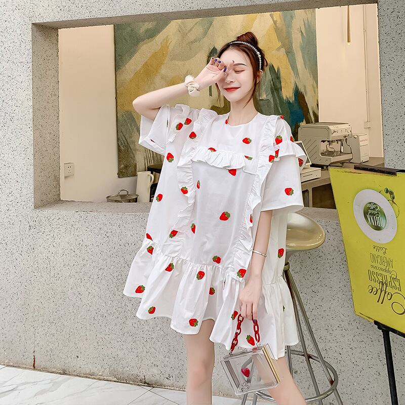 【新作】【送料無料】 マタニティウェア2020夏の新しい綿とリネンのストロベリーフリルドレス小さな新鮮なミドル丈のマタニティドレス-アリババ コットン サマー 夏物 expec245378004853