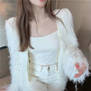 トップス カーディガン 袖あり 長袖 ドルマンスリーブ ストレート 前開き スパンコール ファー かわいい 大人可愛い 大人 おしゃれ お洒落 かっこいい セクシー 大人女子 ラブリー 個性的 エレガント 無地 春 秋 10代 20代 レディース デート お出かけ ファッション サイズ S M L 色展開 ホワイト ピンク