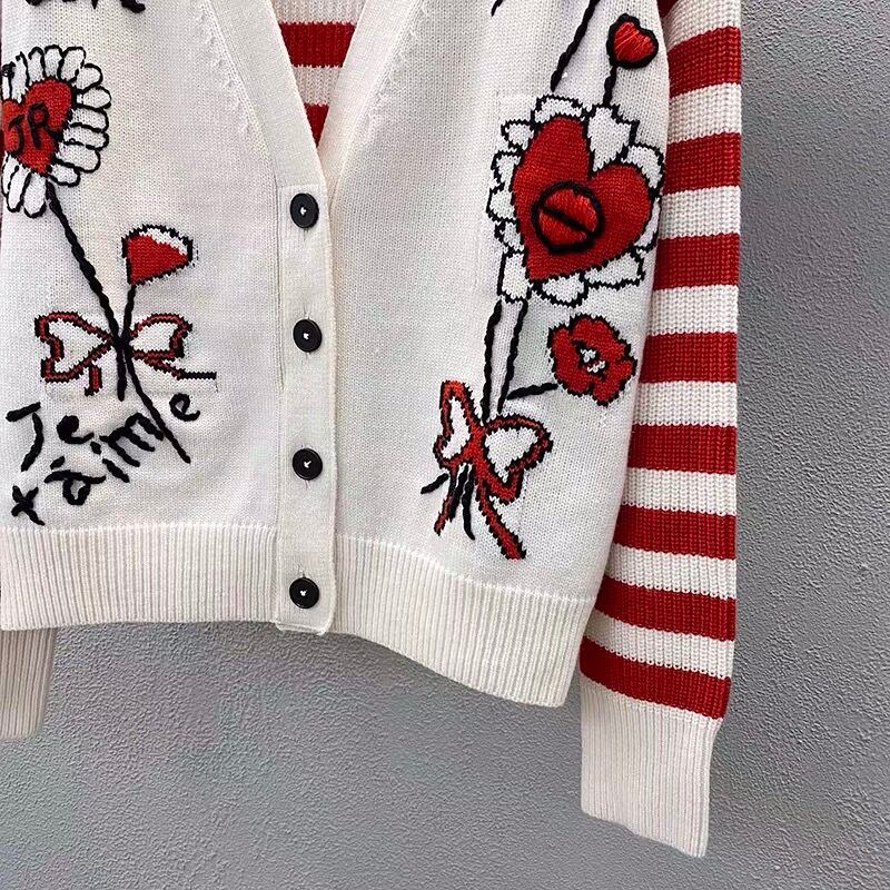 カーディガン 赤 ボーダー ストライプ トップス ハート 白 ニット