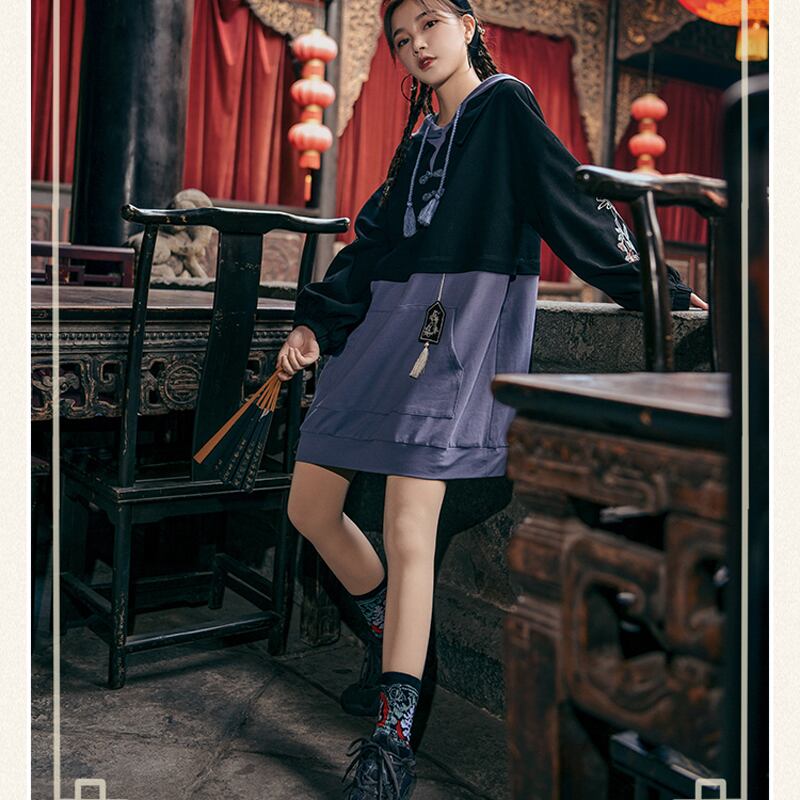 森女部落シリーズ パーカーワンピース 2way チャイナ服 中華服 S M L 黒 紫色 チャイナ風ワンピース Elegant