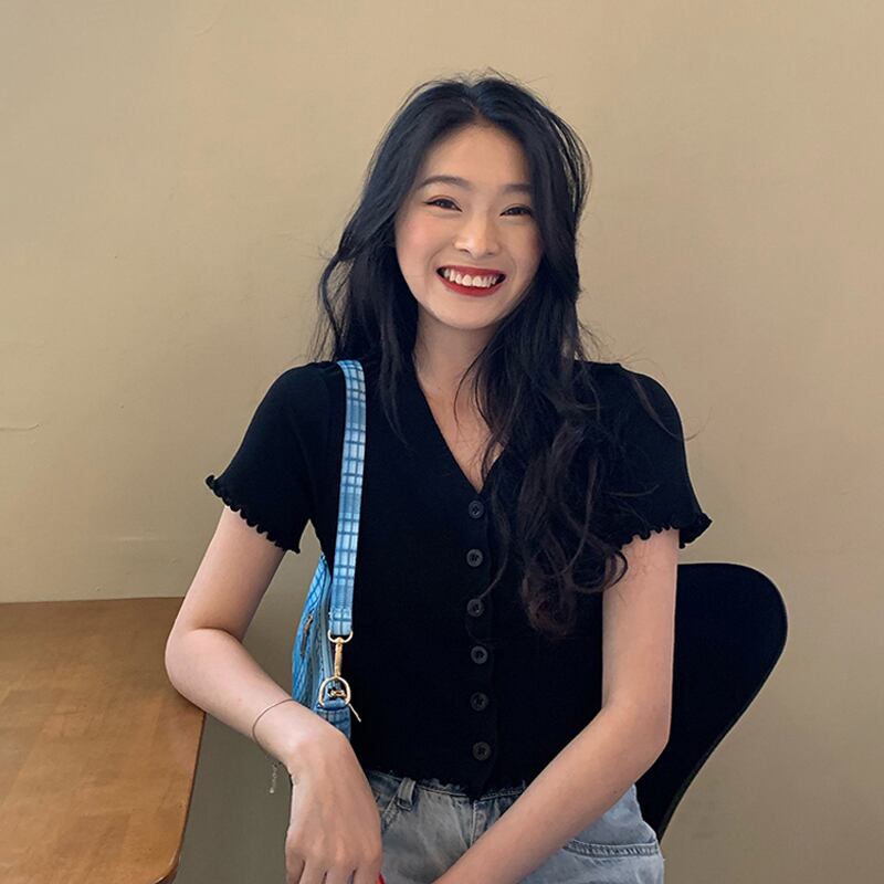 スタイルVネックショートニットカーディガントップス スプリングレッドブラックTシャツ レディース 春物 スーパーモール46694447233