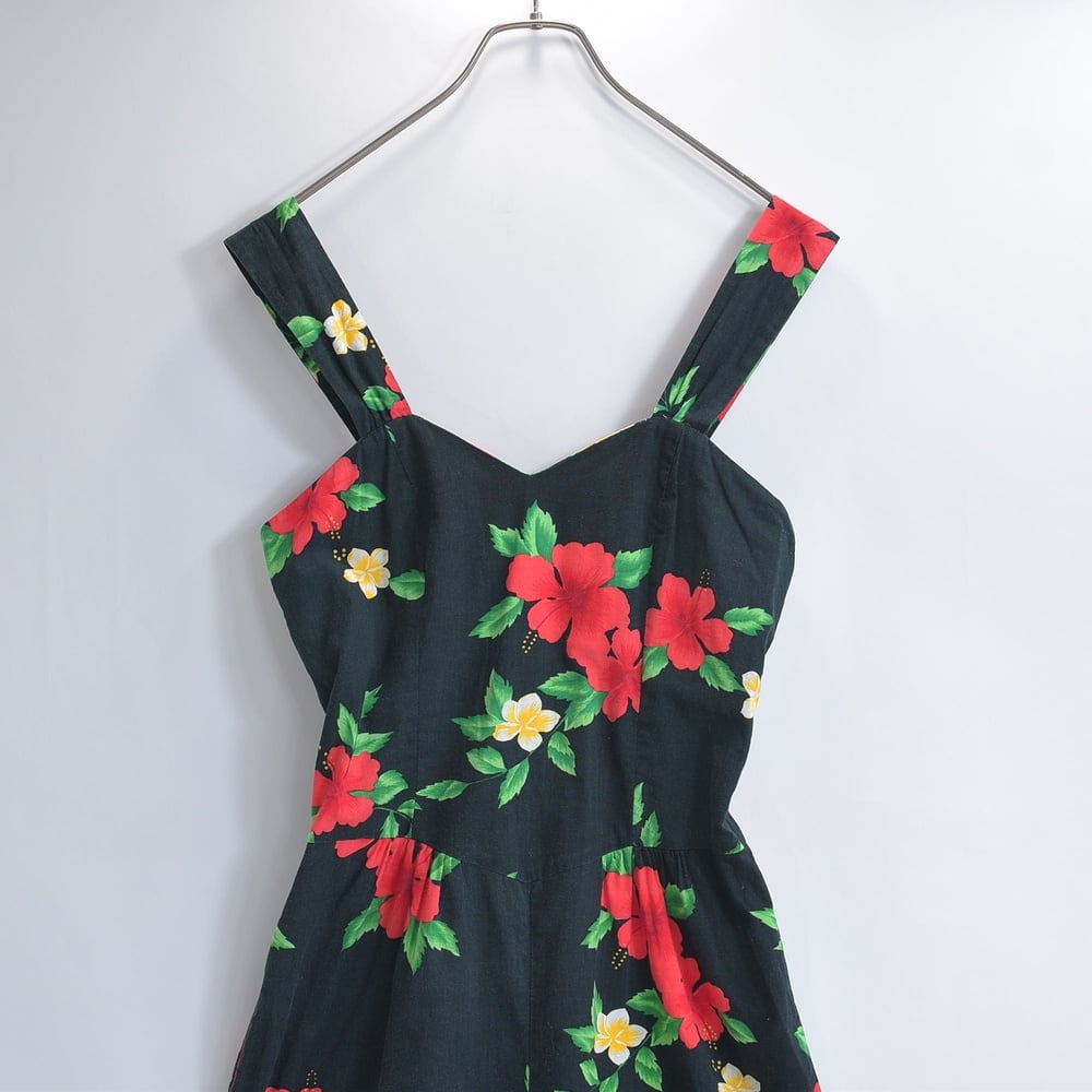 80s-90s HAWAII製 ROYAL CREATIONS HAWAII ハイビスカス柄 ショートサロペット ロンパース USED ヴィンテージ 古着 レディース M~Lサイズ相当