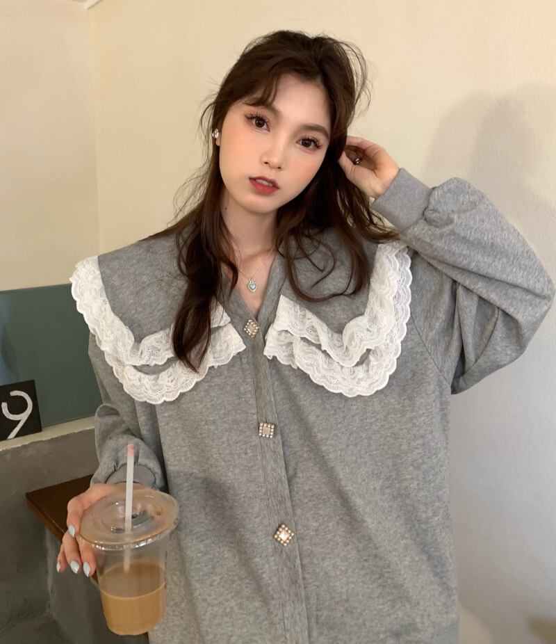 レースカラールーズ薄手セーター ジャケット レディースオータムグレーカジュアル 秋物 モンロー88869532896