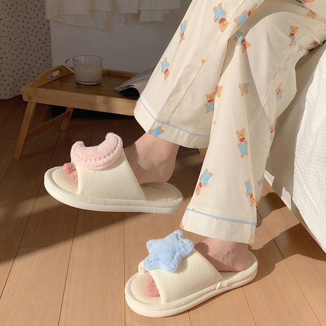 【SLIPPER】韓国風つき＆ほし付き亜麻スリッパ