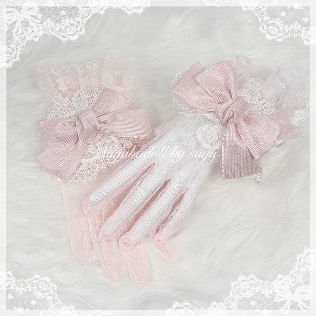 ♡【全3色】MAID フリルレース リボンカフス／お袖留め＆手袋セット pink ♡