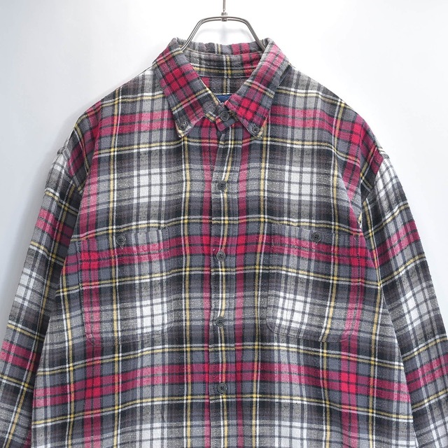 90s 00s BASIC EDITIONS ベーシックエディションズ ネルシャツ ボタンダウン タータンチェック 両胸ポケット ラウンドテール 起毛 USED ヴィンテージ ビンテージ 古着 メンズ L相当