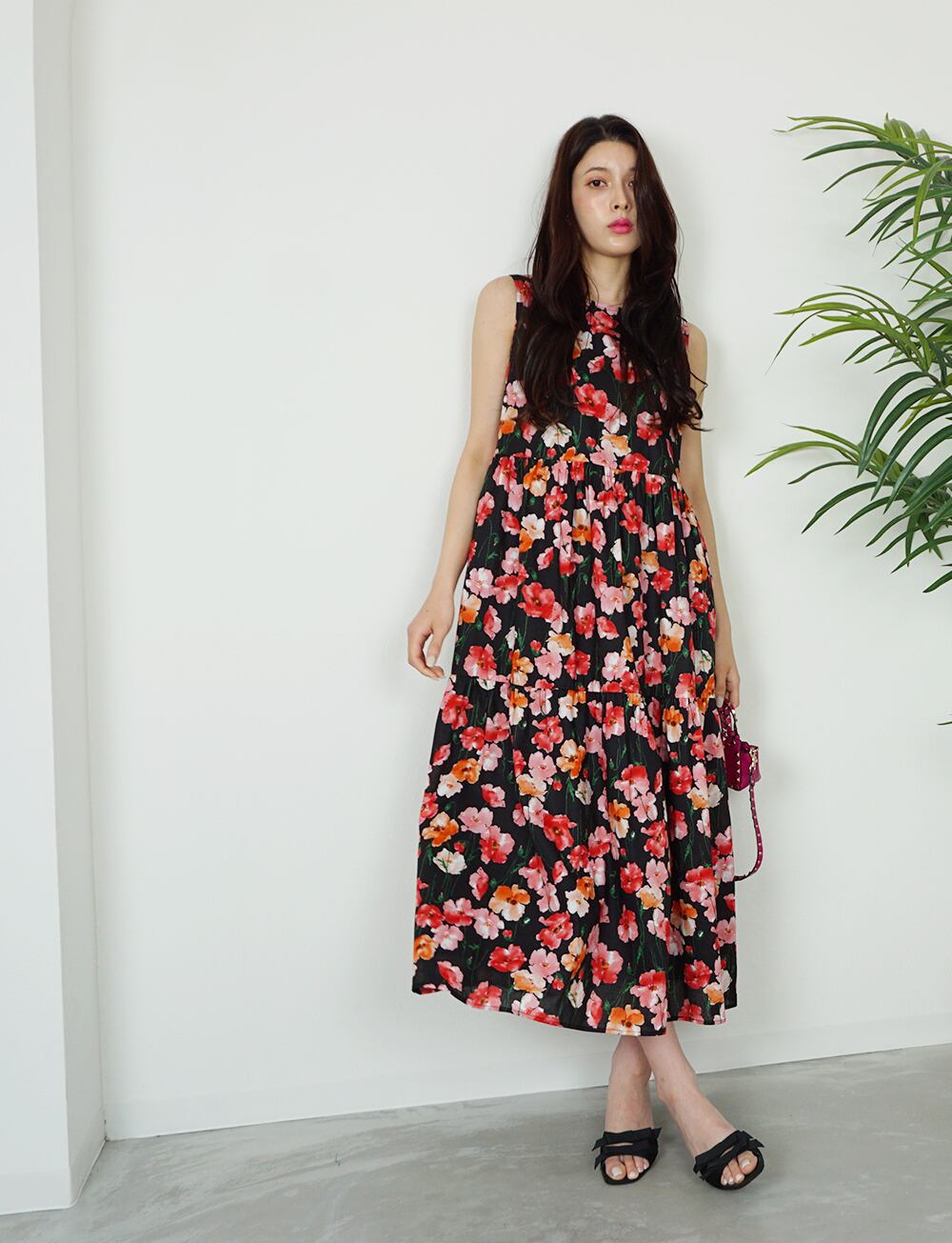 フラワーコットンティアードワンピース pink×black | amin pur