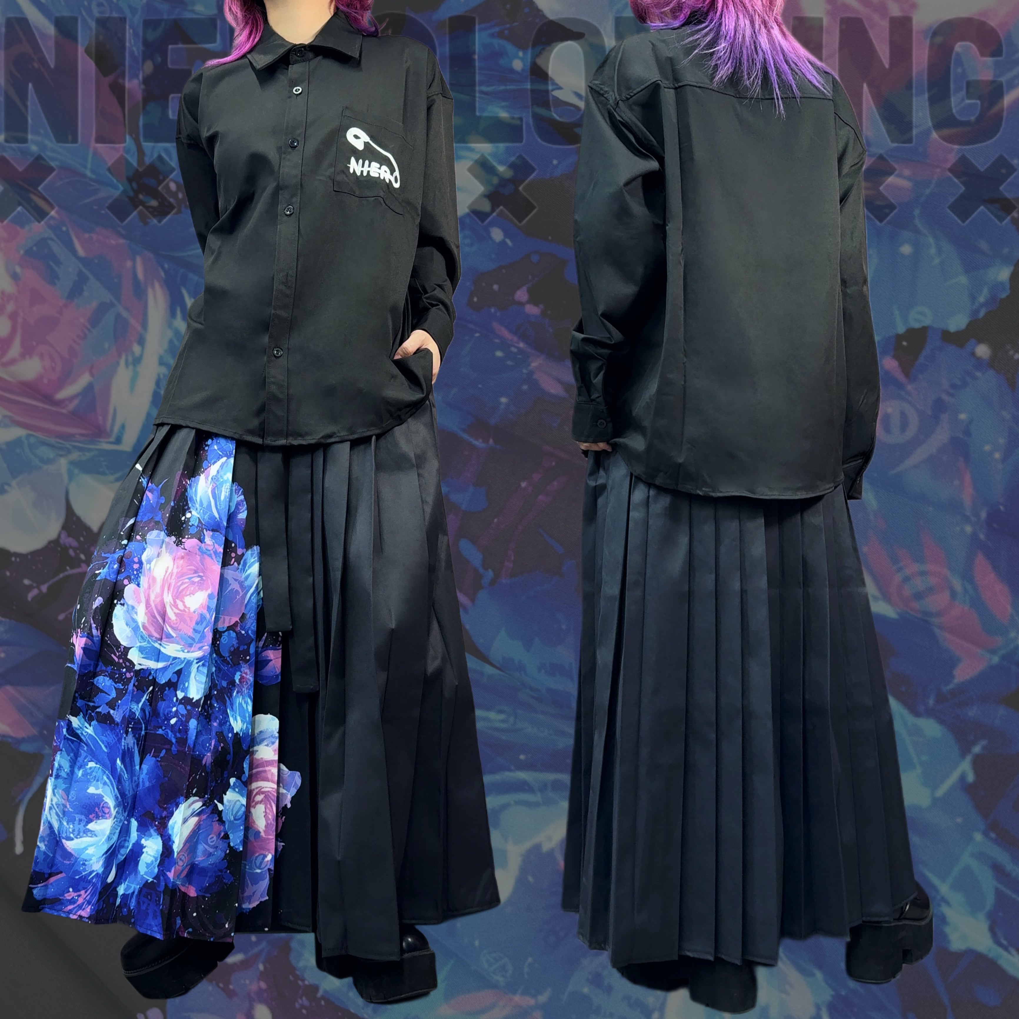 ポケット付き袴風ユニセックススカート【青和柄薔薇】 | NIER CLOTHING