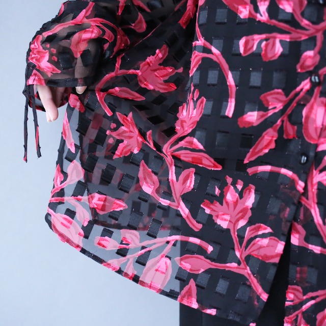 block and flower pattern black see-through shirt
