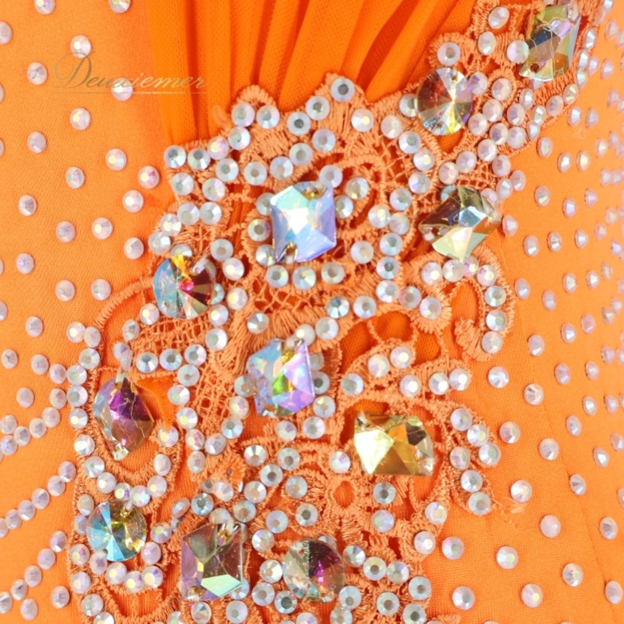 社交ダンス 衣装 スタンダードドレス ワンピース ドレス スタンダード フロート レース オレンジ デモ 競技 柄 模様 パーティ 発表会 ビジュー オレンジ系 鮮やか スカート3枚重ね 華やか 競技用 フロア映え オレンジ色