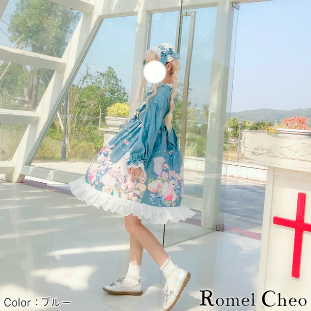 お支払い確認後日以内発送 Romelcheo ヘッドドレス付き ラビット フルーツ ワンピース うさぎ柄 フルーツ柄 リボン 長袖 膝丈 パステルカラー 甘ロリ メルヘン 大人可愛い ゆめかわ ガーリー ロリータ スイート系 ファッション ロメルチェオ Romelcheo