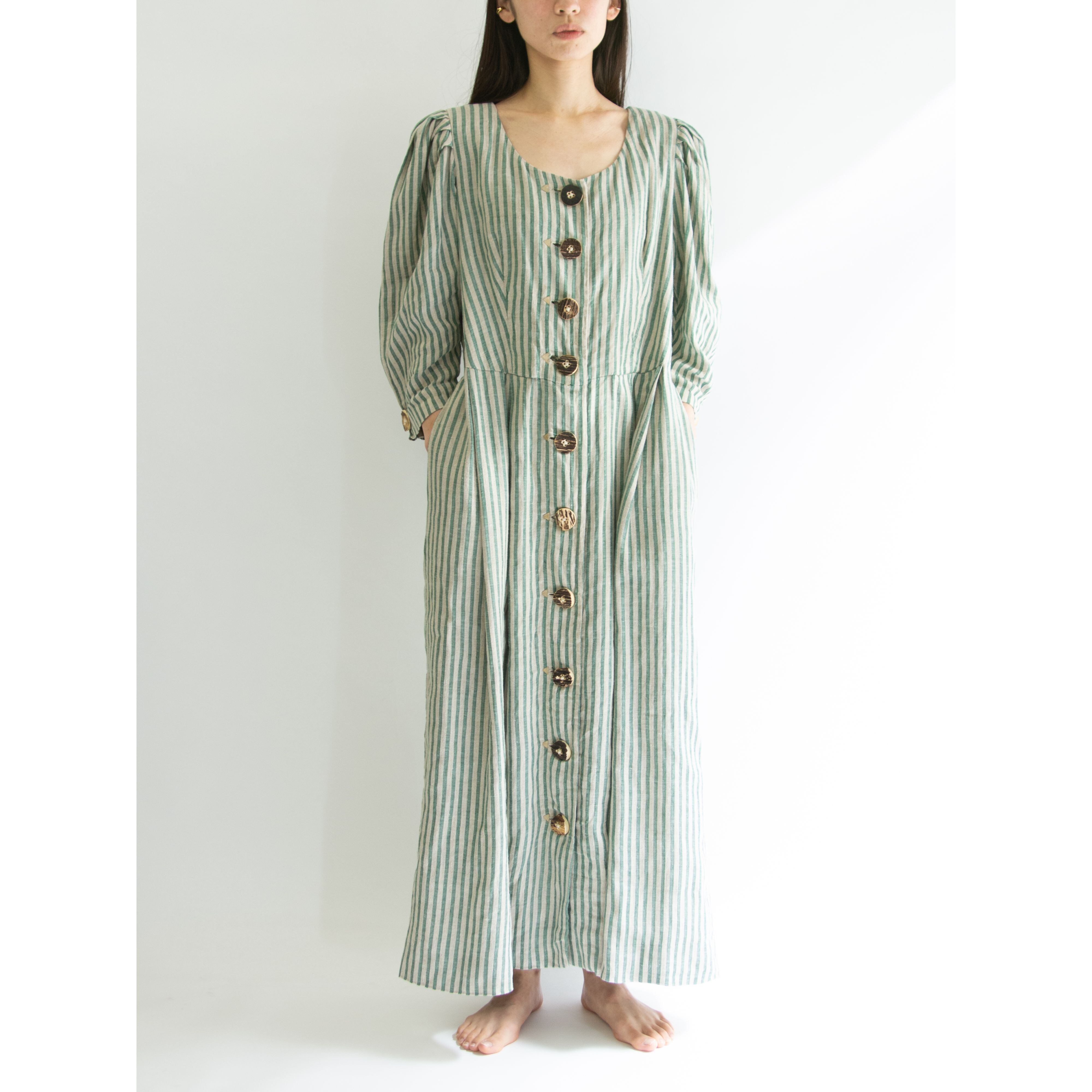 【Mothwurf】Austrian Couture Linen Dress（オーストリアン クチュールドレス ストライプリネン ワンピース）
